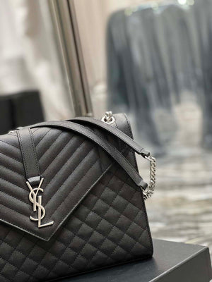 YSL 600166 Envelope Large In Quilted Grain De Poudre Embossed Leather Black Silver - Default Title - View 3
