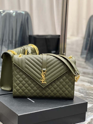 YSL 600166 Envelope Large In Quilted Grain De Poudre Embossed Leather Black Green - Default Title - View 1
