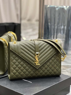 YSL 600166 Envelope Large In Quilted Grain De Poudre Embossed Leather Black Green - Default Title - View 2