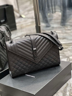YSL 600166 Envelope Large In Quilted Grain De Poudre Embossed Leather Black V gird With Black Hardware - Default Title - View 2