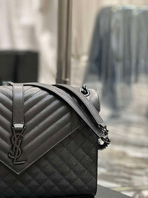 YSL 600166 Envelope Large In Quilted Grain De Poudre Embossed Leather Black V gird With Black Hardware - Default Title - View 3