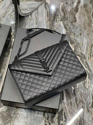 YSL 600166 Envelope Large In Quilted Grain De Poudre Embossed Leather Black V gird With Black Hardware - Default Title - View 7