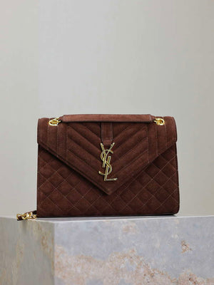 YSL 600185 Envelope Meduim In Dark Brown Suede Leather - Default Title - View 1