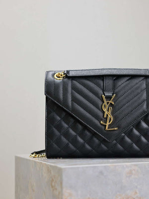 YSL 600185 Envelope Meduim In Quilted Grain De Poudre Embossed Leather Black Gold - Default Title - View 9