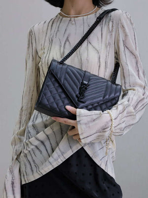 YSL 600185 Envelope Meduim In Quilted Grain De Poudre Embossed Leather Black with Black Hardware - Default Title - View 3