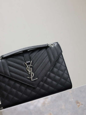 YSL 600185 Envelope Meduim In Quilted Grain De Poudre Embossed Leather Black Silver - Default Title - View 4