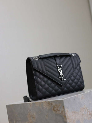 YSL 600185 Envelope Meduim In Quilted Grain De Poudre Embossed Leather Black Silver - Default Title - View 5