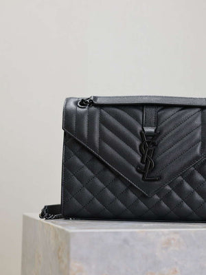 YSL 600185 Envelope Meduim In Quilted Grain De Poudre Embossed Leather Black with Black Hardware - Default Title - View 8