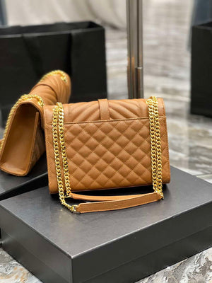 YSL 600185 Envelope Meduim In Quilted Grain De Poudre Embossed Leather Brown - Default Title - View 5