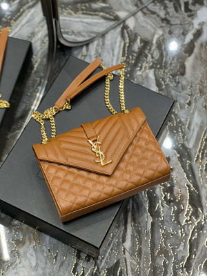 YSL 600185 Envelope Meduim In Quilted Grain De Poudre Embossed Leather Brown - Default Title - View 6