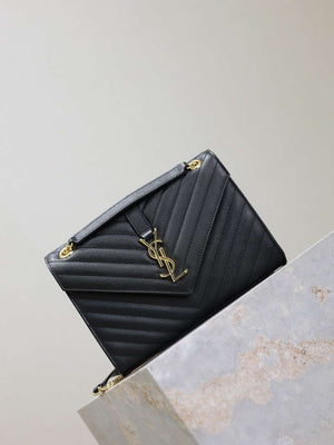 YSL 600185 Envelope Meduim In Quilted Grain De Poudre Embossed Leather V Gird Black - Default Title - View 2