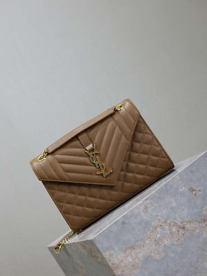 YSL 600185 Envelope Meduim In Quilted Grain De Poudre Embossed Leather Caramel - Default Title - View 2
