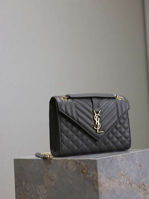 YSL 600185 Envelope Meduim In Quilted Grain De Poudre Embossed Leather Gray - Default Title - View 8