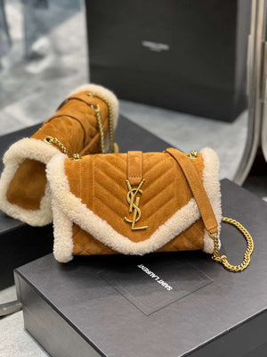 YSL 600195 Envelope Small In Quilted Brown Lambswool suede - Default Title - View 1