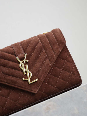 YSL 600195 Envelope Small In Quilted Dark Brown Suede Leather - Default Title - View 4