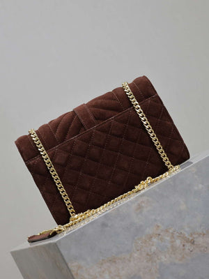 YSL 600195 Envelope Small In Quilted Dark Brown Suede Leather - Default Title - View 6