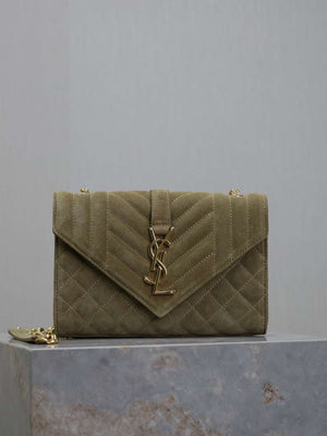 YSL 600195 Envelope Small In Quilted Dark Green Suede Leather - Default Title - View 1