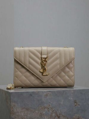 YSL 600195 Envelope Small In Quilted Grain De Poudre Embossed Leather Apricot - Default Title - View 1