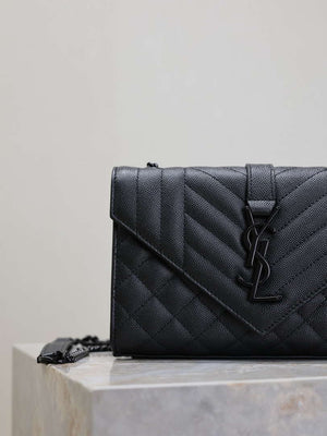 YSL 600195 Envelope Small In Quilted Grain De Poudre Embossed Leather Black with Black Hardware - Default Title - View 3