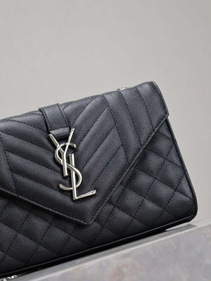 YSL 600195 Envelope Small In Quilted Grain De Poudre Embossed Leather Black with Silver Hardward - Default Title - View 2
