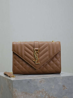 YSL 600195 Envelope Small In Quilted Grain De Poudre Embossed Leather Caramel - Default Title - View 1