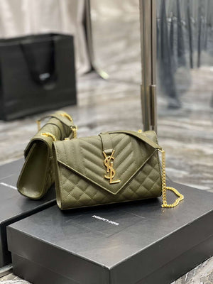 YSL 600195 Envelope Small In Quilted Grain De Poudre Embossed Leather Dark Green - Default Title - View 2