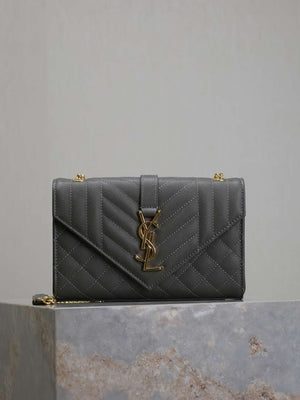 YSL 600195 Envelope Small In Quilted Grain De Poudre Embossed Leather Gray - Default Title - View 1