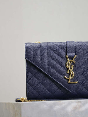 YSL 600195 Envelope Small In Quilted Grain De Poudre Embossed Leather Navy Blue - Default Title - View 2