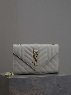 YSL 600195 Envelope Small In Quilted Grain De Poudre Embossed Leather White - Default Title - View 1