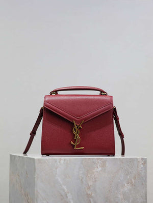 YSL 623930 Cassandra Mini Top Handle Bag In Grain De Poudre Embossed Leather Wine Red - Default Title - View 1