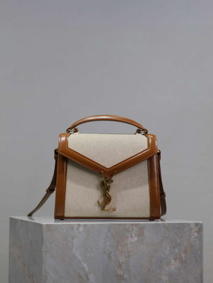 YSL 623930 Cassandra Mini Top Handle In Box Saint Laurent linen with Brown Leather - Default Title - View 1