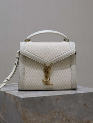 YSL 623930 Cassandra Mini Top Handle In Box Saint Laurent linen with White Leather - Default Title - View 1