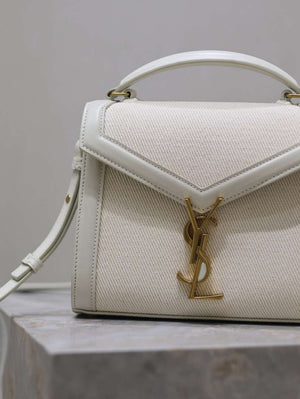 YSL 623930 Cassandra Mini Top Handle In Box Saint Laurent linen with White Leather - Default Title - View 2
