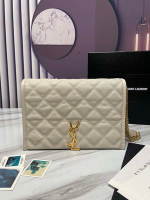 YSL 629246 Saint Laurent Becky Chain Shoulder Bag 25cm Leather Beige Silver - Default Title - View 1