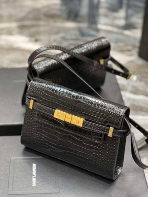 YSL 675626 Manhattan Small Shoulder Bag In Shiny Crocodile-Embossed Leather Black - Default Title - View 3