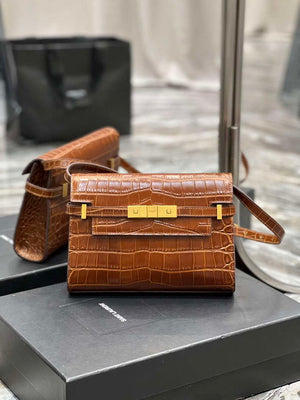 YSL 675626 Manhattan Small Shoulder Bag In Shiny Crocodile-Embossed Leather Caramel - Default Title - View 1