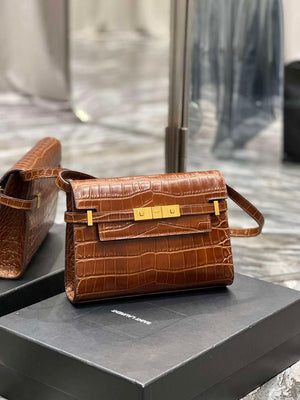 YSL 675626 Manhattan Small Shoulder Bag In Shiny Crocodile-Embossed Leather Caramel - Default Title - View 2