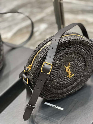 YSL 685601 Saint Laurent Sac Round Raffia Bag In Black - Default Title - View 5
