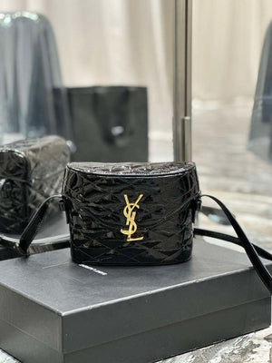 YSL 710080 June Box Bag In Quilted Patent Leather Black with Gold - Default Title - View 1