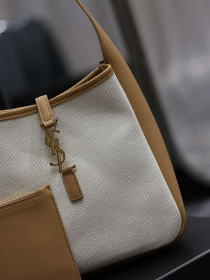YSL 713938 LE 5 A 7 Supple Small In Camel Grained Leather with Beige canvas - Default Title - View 4