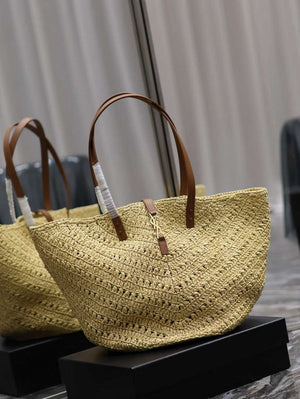 YSL 740375 Panier Medium In Raffia And Vegetable-Tanned Leather Apricot - Default Title - View 2
