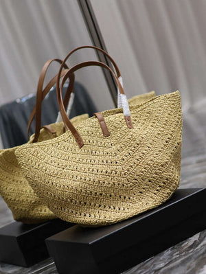 YSL 740375 Panier Medium In Raffia And Vegetable-Tanned Leather Apricot - Default Title - View 8