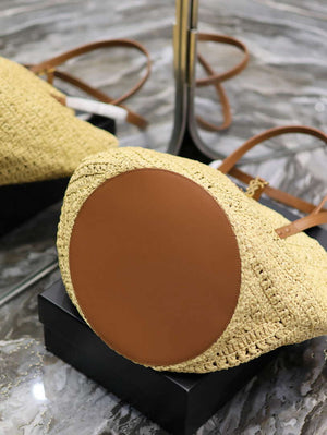 YSL 740375 Panier Medium In Raffia And Vegetable-Tanned Leather Apricot - Default Title - View 9