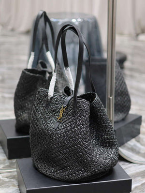 YSL 740375 Panier Medium In Raffia And Vegetable-Tanned Leather Black - Default Title - View 7