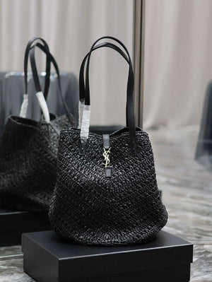 YSL 740375 Panier Medium In Raffia And Vegetable-Tanned Leather Black - Default Title - View 12