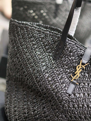 YSL 740375 Panier Medium In Raffia And Vegetable-Tanned Leather Black - Default Title - View 4