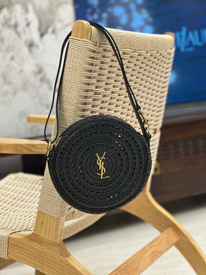 YSL 744292 Saint Laurent Round Bag In Black Raffia And Vegetable-Tanned Leather - Default Title - View 1