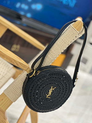 YSL 744292 Saint Laurent Round Bag In Black Raffia And Vegetable-Tanned Leather - Default Title - View 3