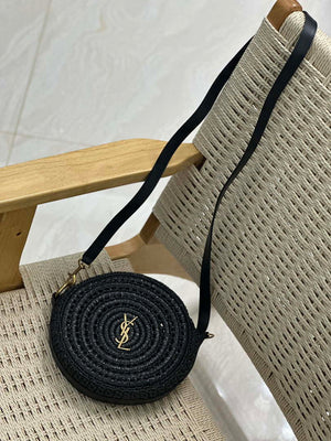 YSL 744292 Saint Laurent Round Bag In Black Raffia And Vegetable-Tanned Leather - Default Title - View 9