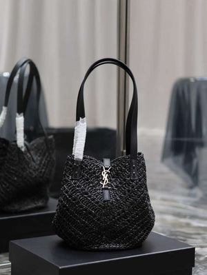 YSL 751240 Panier Small In Raffia And Vegetable-Tanned Leather Black - Default Title - View 9